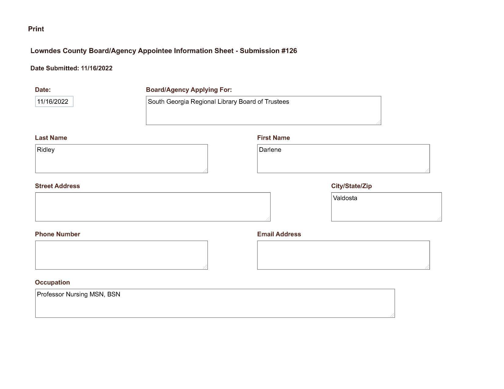 Darlene Ridley application; Professor Nursing MSN, BSN.