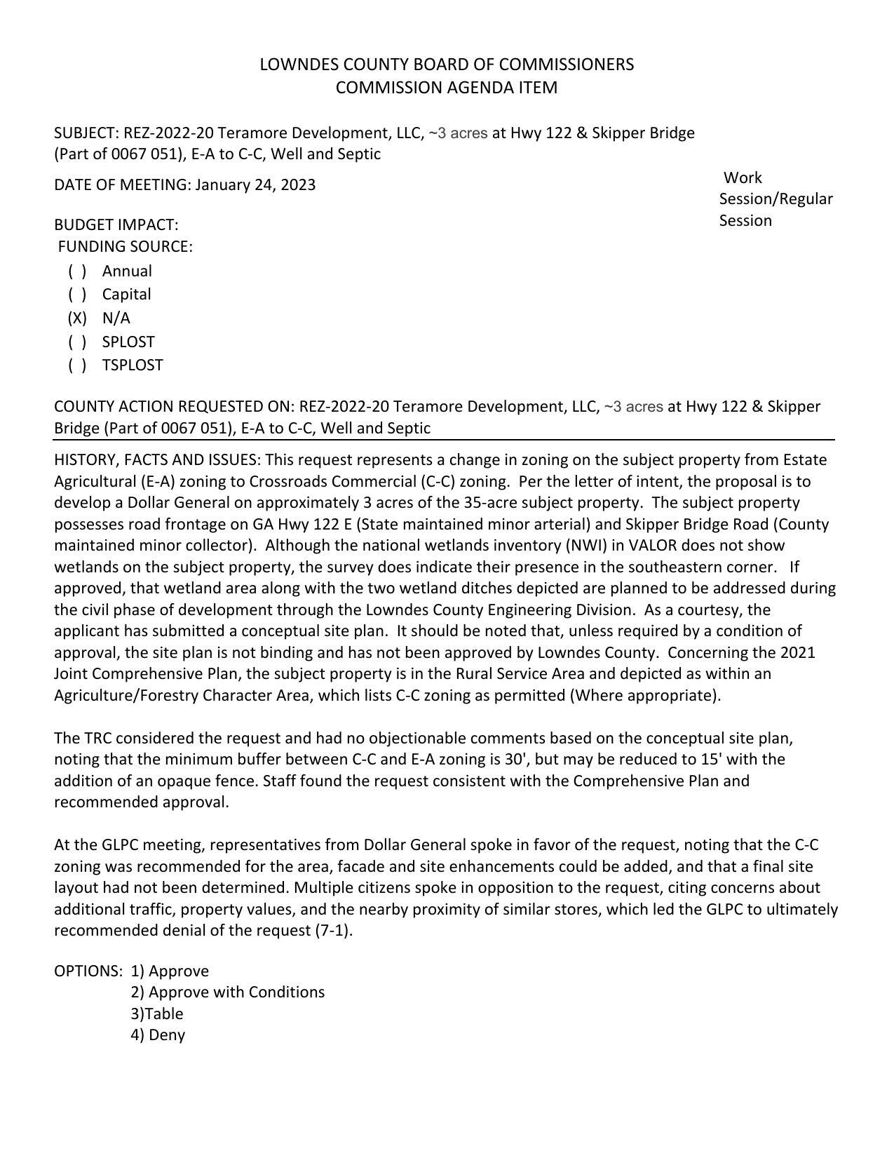 to develop a Dollar General on approximately 3 acres of the 35-acre subject property. GLPC recommended denial 7-1.