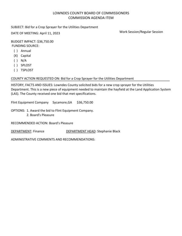 [BUDGET IMPACT: $36,750.00 This is a new piece of equipment needed to maintain the hayfield at the Land Application System (LAS).]