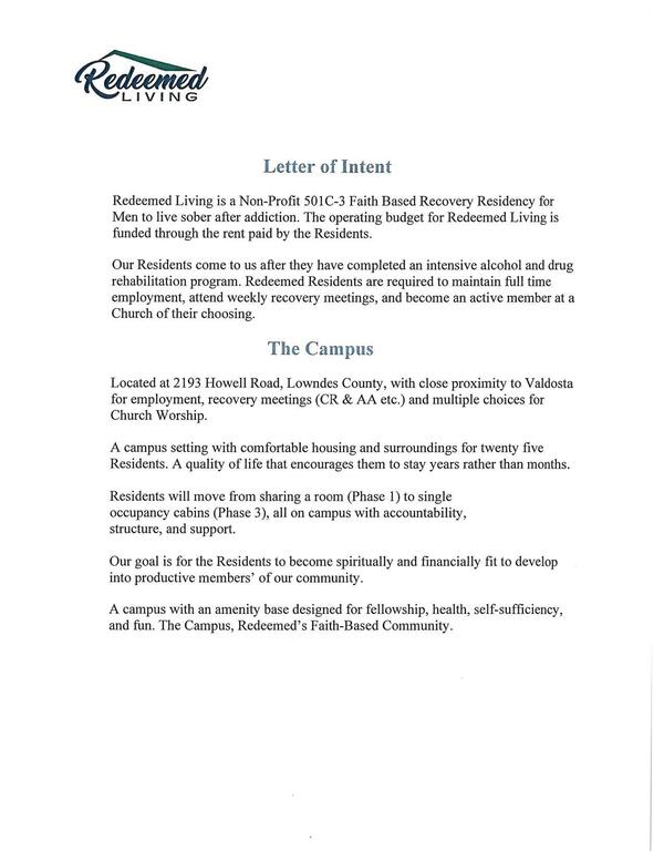 Letter of Intent: Redeemed Living is a Non-Profit 501C-3 Faith Based Recovery Residency for Men to live sober after addiction.