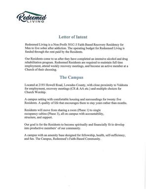 [Letter of Intent: Redeemed Living is a Non-Profit 501C-3 Faith Based Recovery Residency for Men to live sober after addiction.]