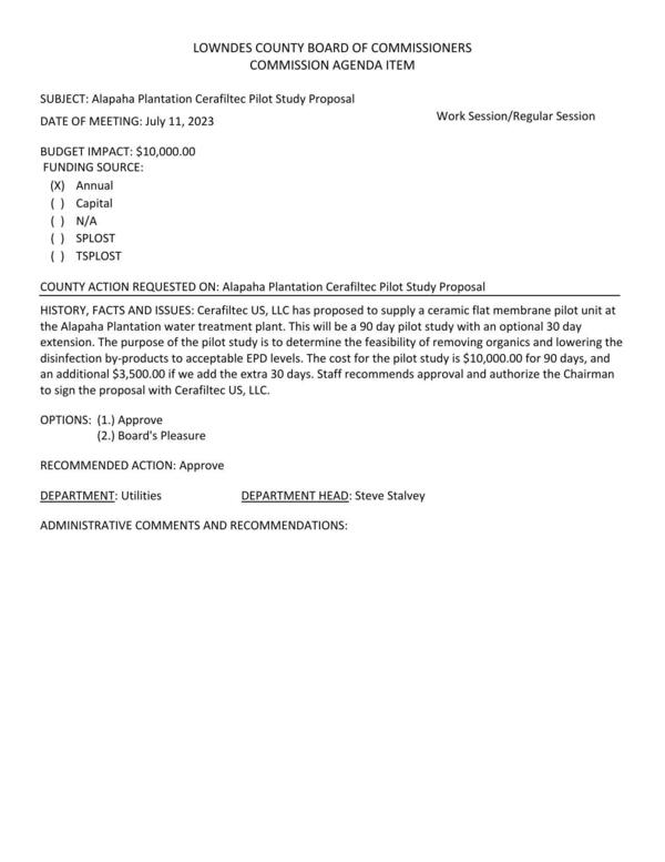 [BUDGET IMPACT: $10,000.00; to determine the feasibility of removing organics and lowering the disinfection by-products to acceptable EPD levels.]