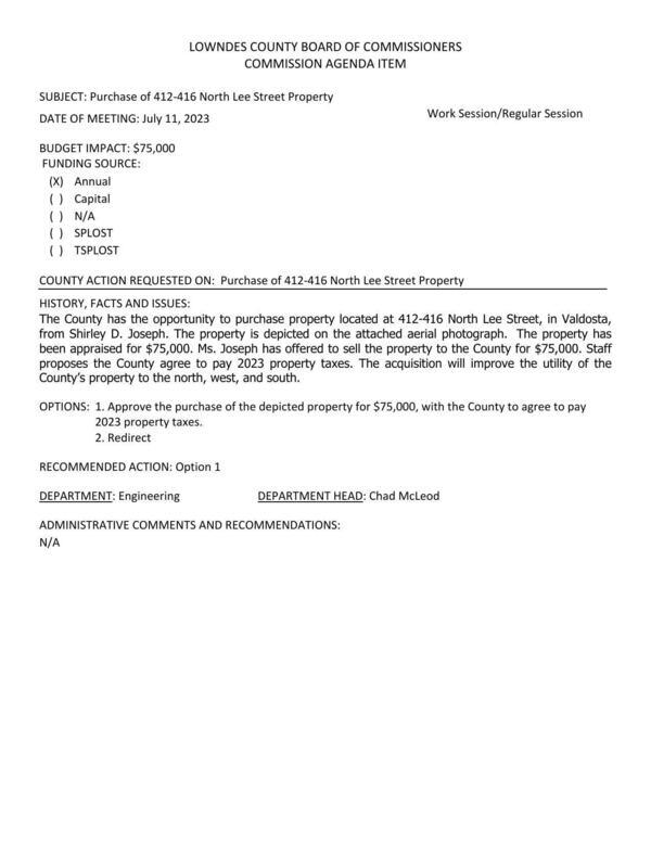 [BUDGET IMPACT: $75,000; Staff proposes the County agree to pay 2023 property taxes. The acquisition will improve the utility of the County’s property to the north, west, and south.]