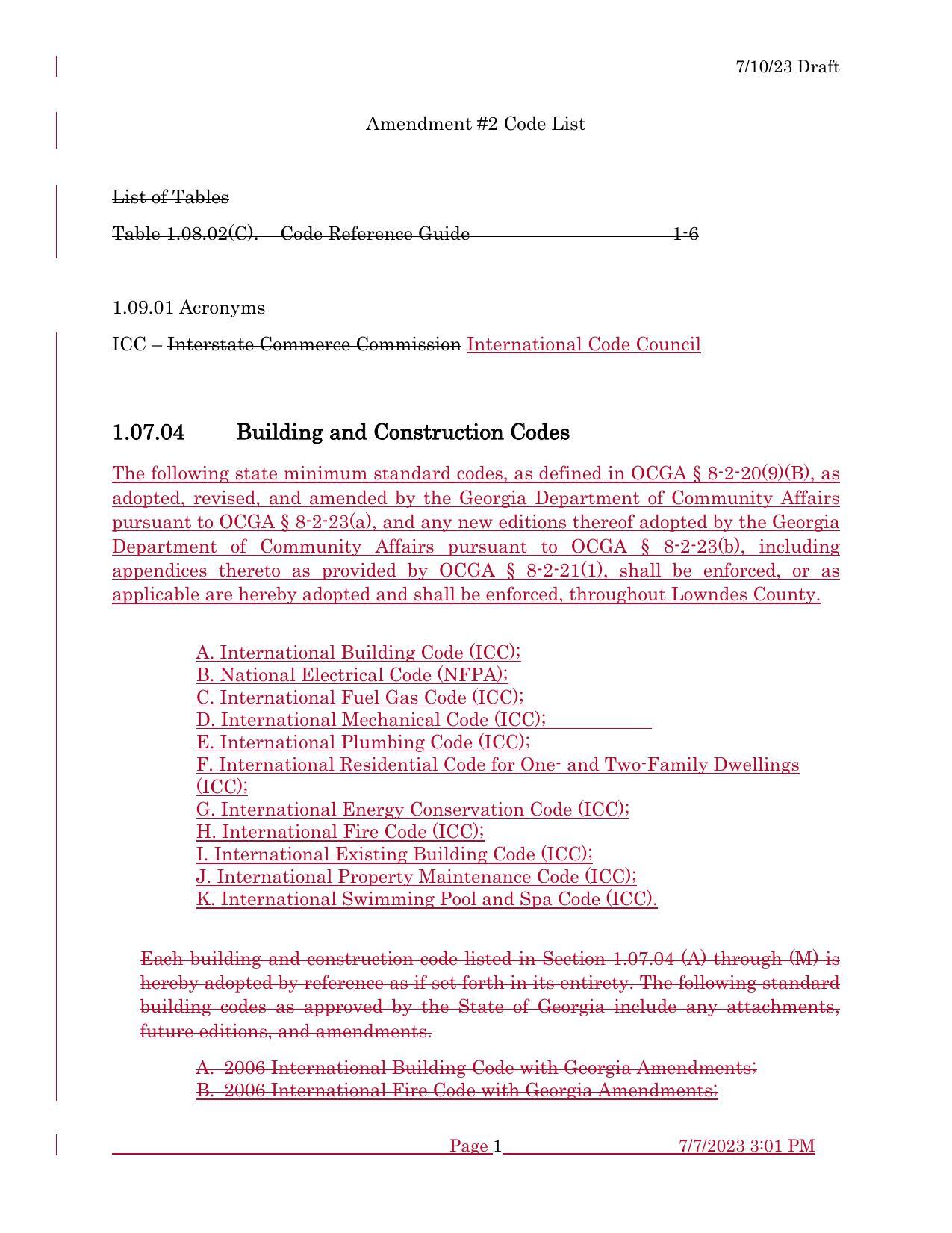 Amendment #2 Code List