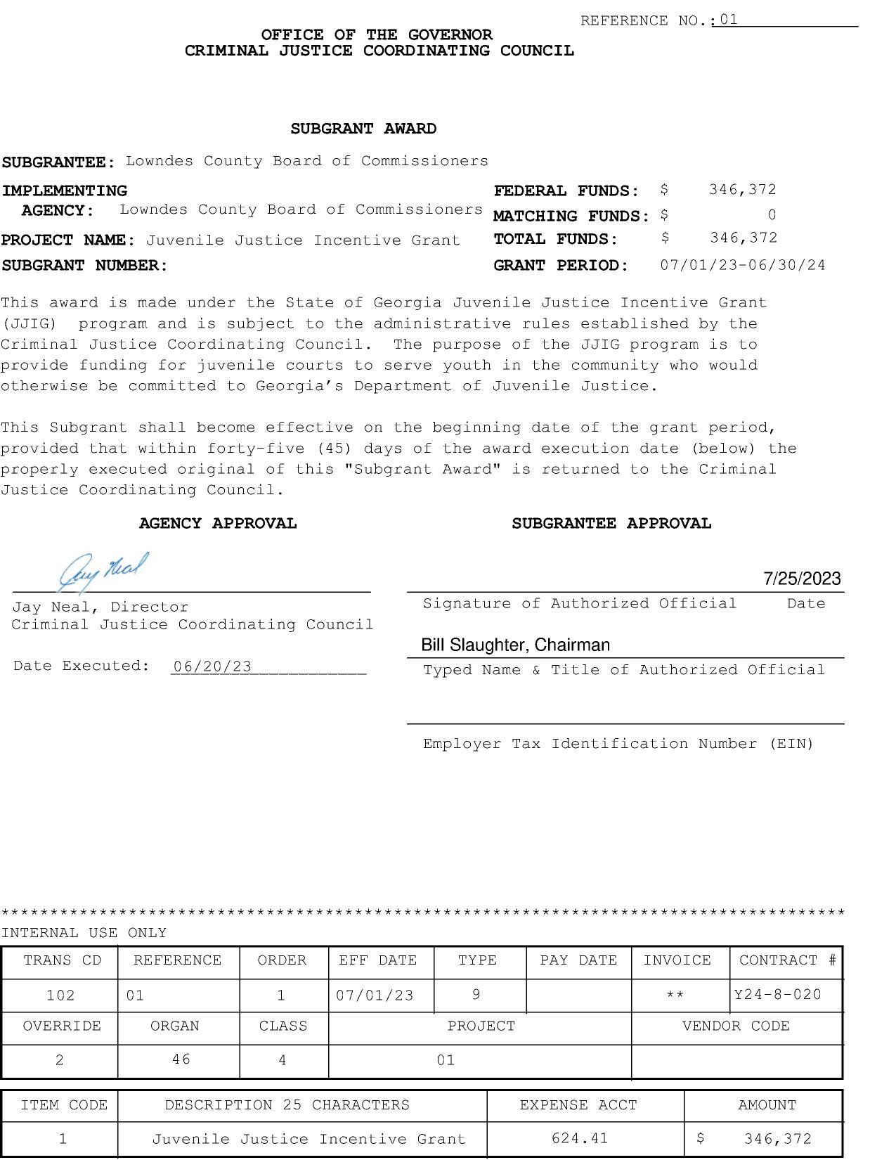 Subgrant Award form