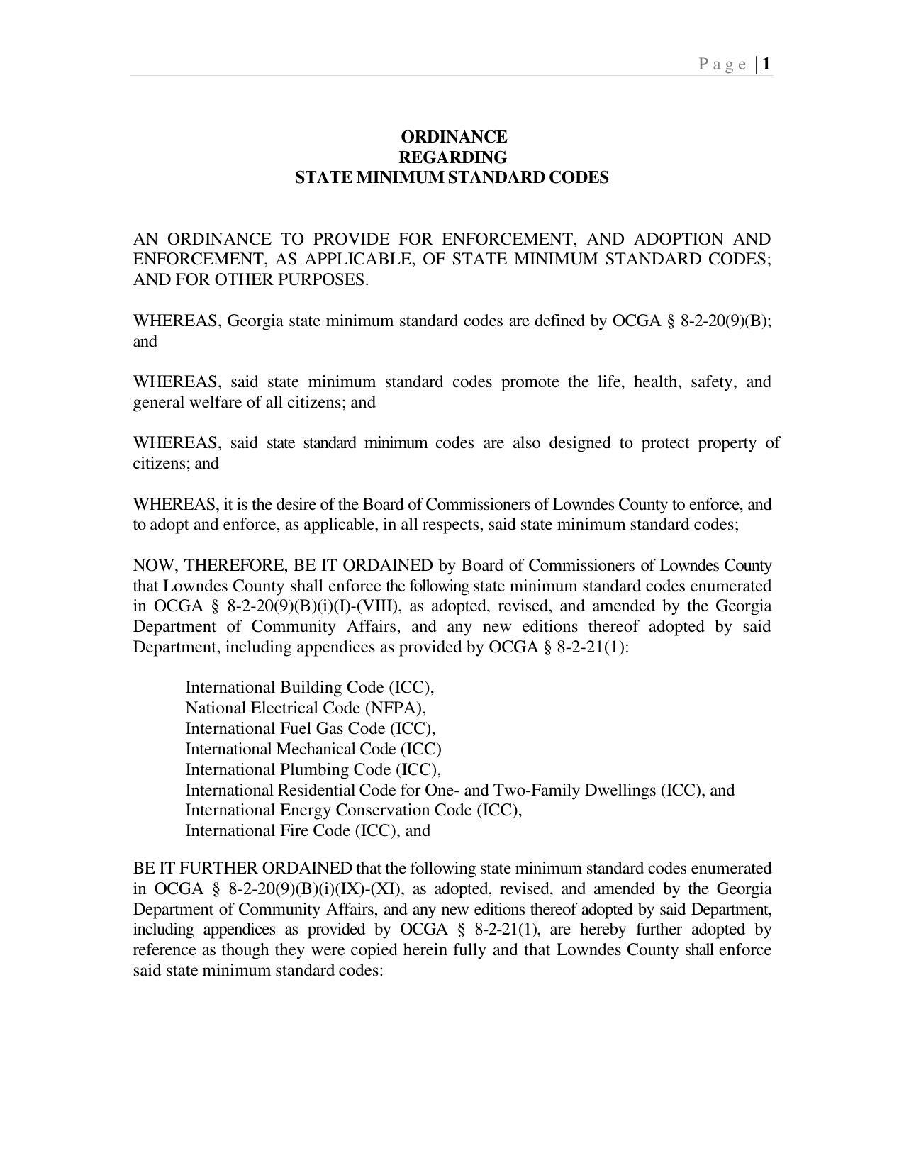 ORDINANCE REGARDING STATE MINIMUM STANDARD CODES