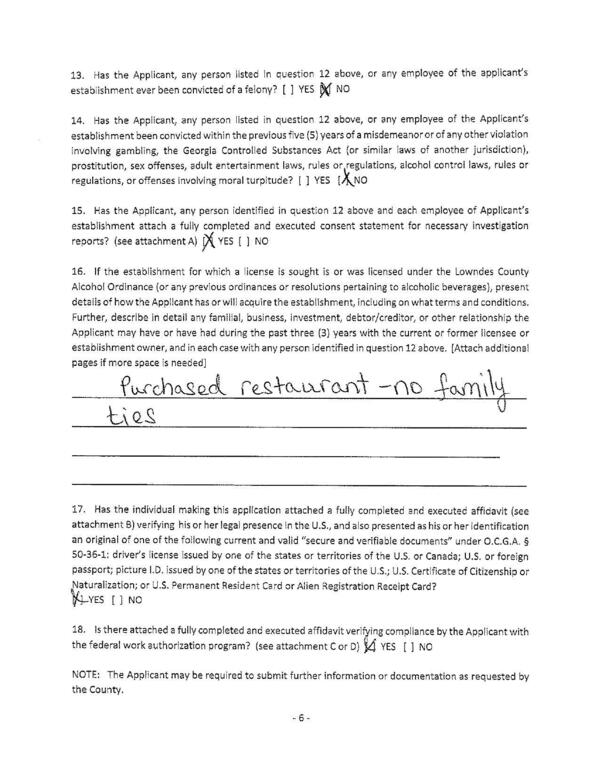 16. If the establishment for which a license is sought is or was licensed under the Lowndes County