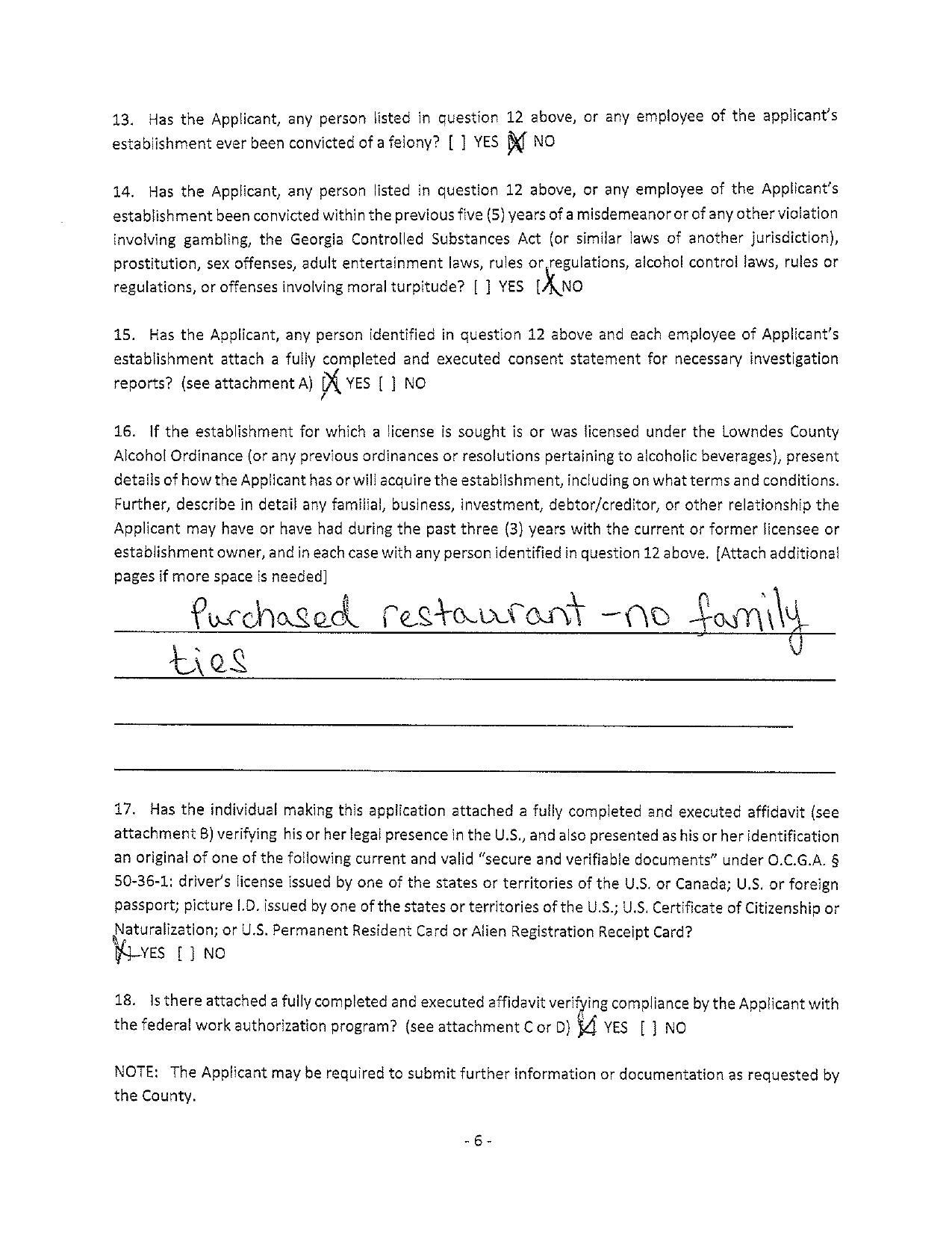 16. If the establishment for which a license is sought is or was licensed under the Lowndes County