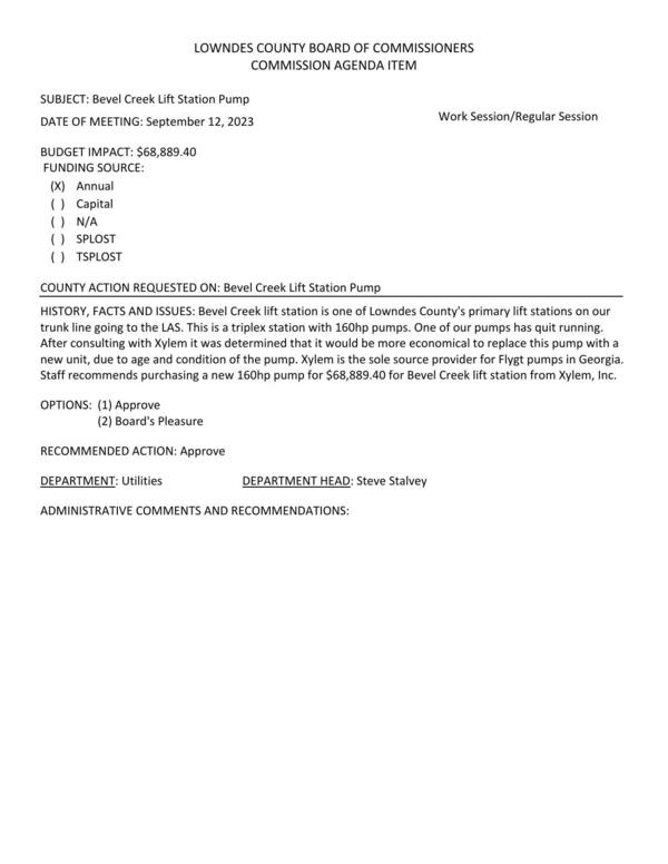 [BUDGET IMPACT: $68,889.40 One of our pumps has quit running. After consulting with Xylem it was determined that it would be more economical to replace this pump with a new unit, due to age and condition of the pump. Xylem is the sole source provider for Flygt pumps in Georgia.]