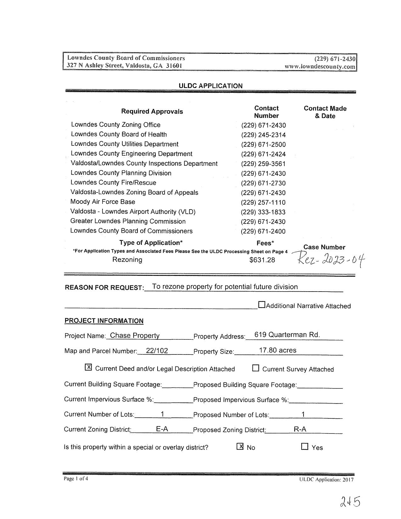 REASON FOR REQUEST: To rezone property for potential future division