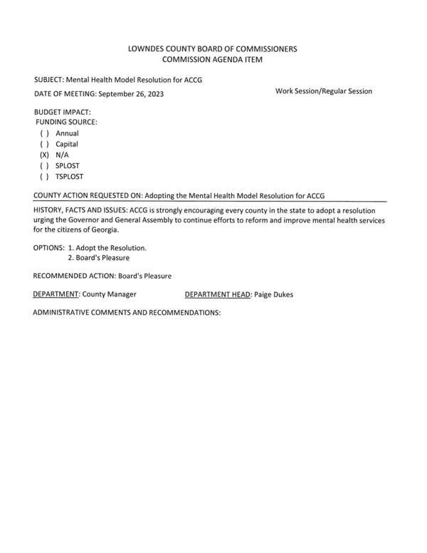 [ACCG is strongly encouraging every county in the state to adopt a resolution urging the Governor and General Assembly to continue efforts to reform and improve mental health services for the citizens of Georgia.]