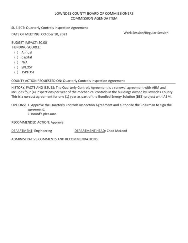 [BUDGET IMPACT: $0.00 a renewal agreement with ABM and includes four (4) inspections per year of the mechanical controls in the buildings owned by Lowndes County.]