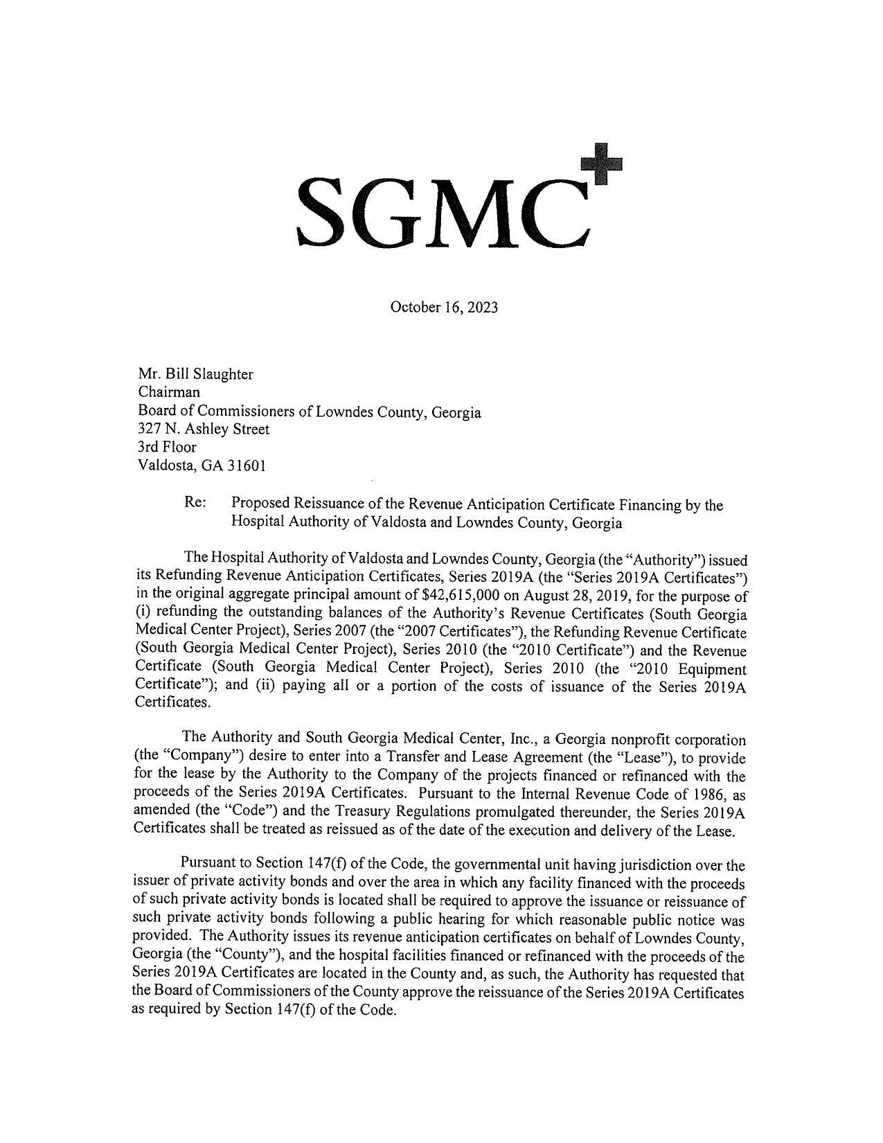 SGMC Re: Proposed Reissuance of the Revenue Anticipation Certificate Financing by the Hospital Authority of Valdosta and Lowndes County, Georgia