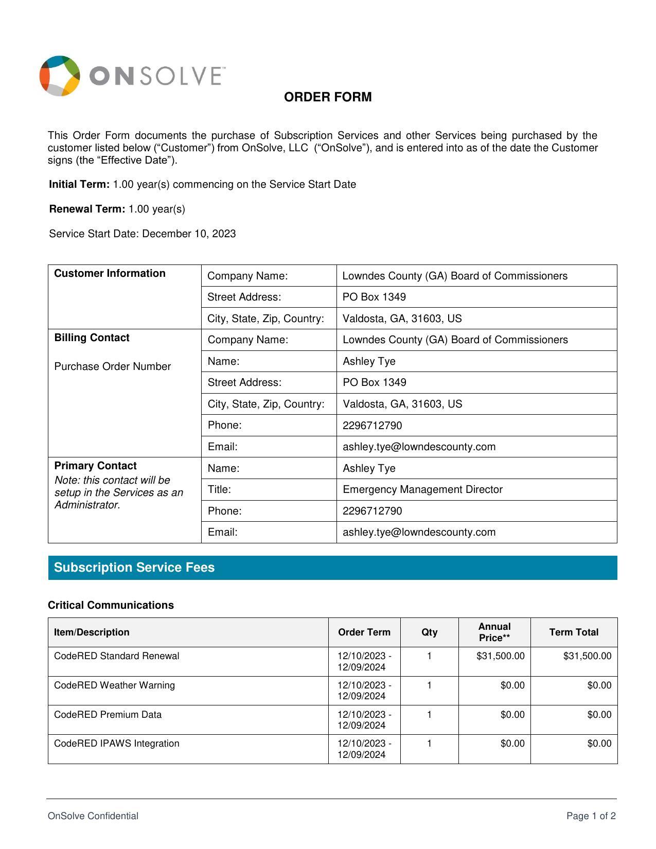 OnSolve ORDER FORM