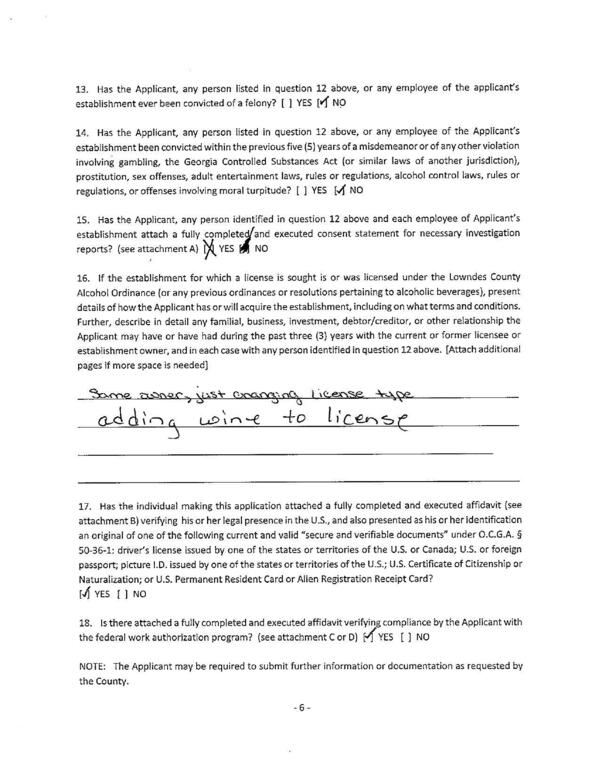 16. If the establishment for which a license is sought is or was licensed under the Lowndes County