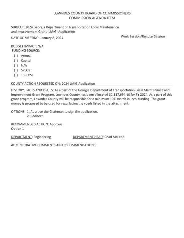 [Lowndes County has been allocated $1,337,694.10 for FY 2024. minimum 10% match. proposed for resurfacing the roads listed in the attachment.]