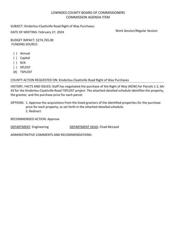 [02272024Plus-0004 BUDGET IMPACT: $274,765.00; Staff has negotiated the purchase of the Right of Way (ROW) for Parcels 1-2, 6A-43 for the Kinderlou-Clyattville Road TSPLOST project.]