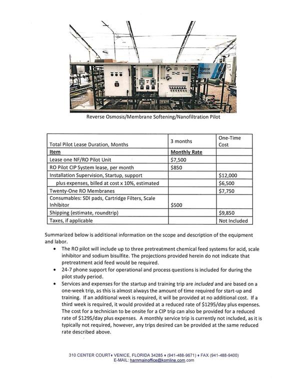 Harn RO table of costs