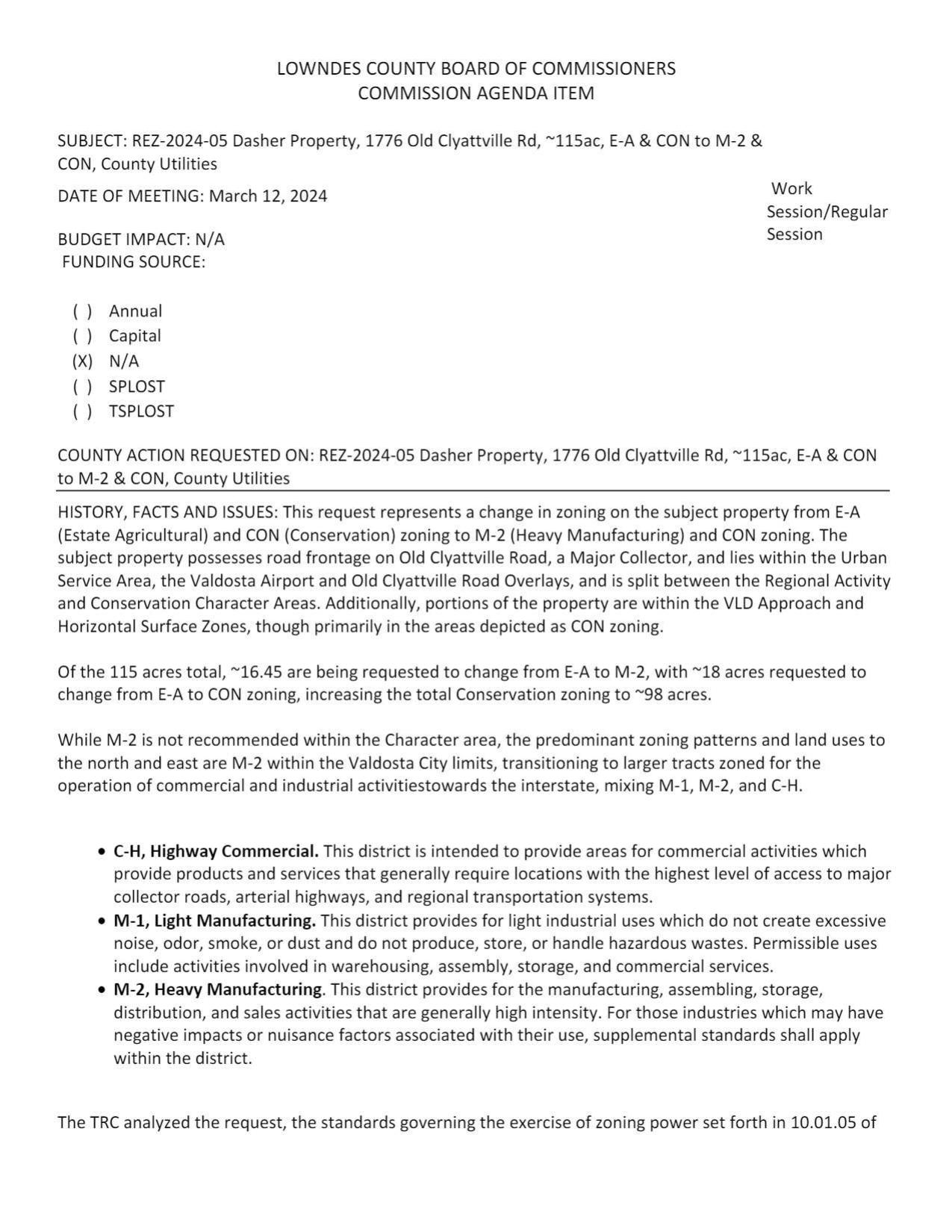 BUDGET IMPACT: N/A to M-2 and CON zoning.