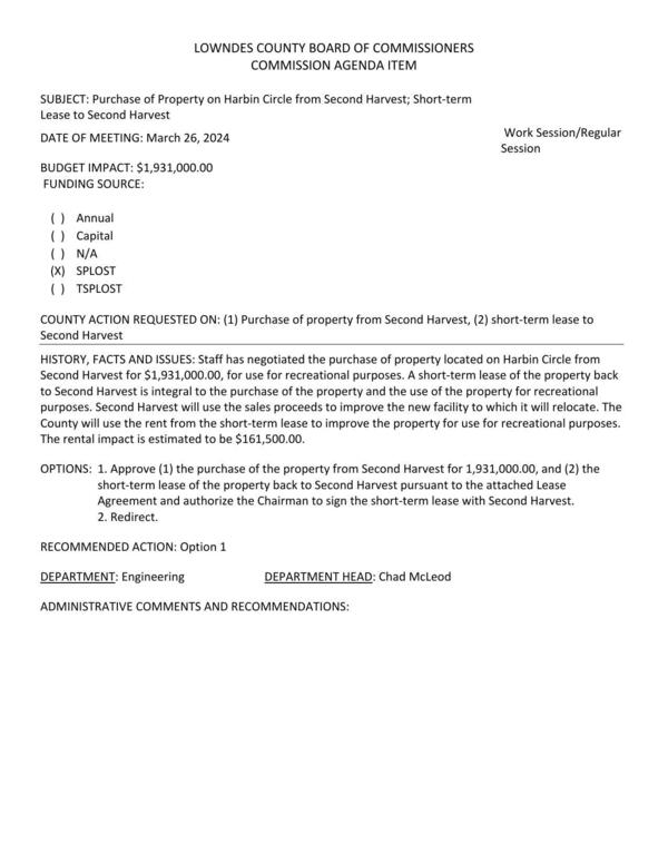 [BUDGET IMPACT: $1,931,000.00 Second Harvest will use the sales proceeds to improve the new facility to which it will relocate. The County will use the rent from the short-term lease to improve the property for use for recreational purposes. The rental impact is estimated to be $161,500.00.]