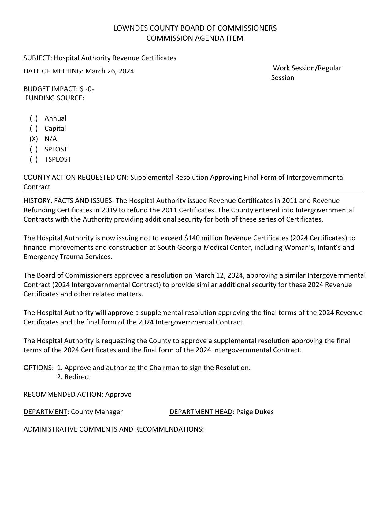 BUDGET IMPACT: $ -0- Supplemental Resolution Approving Final Form of Intergovernmental