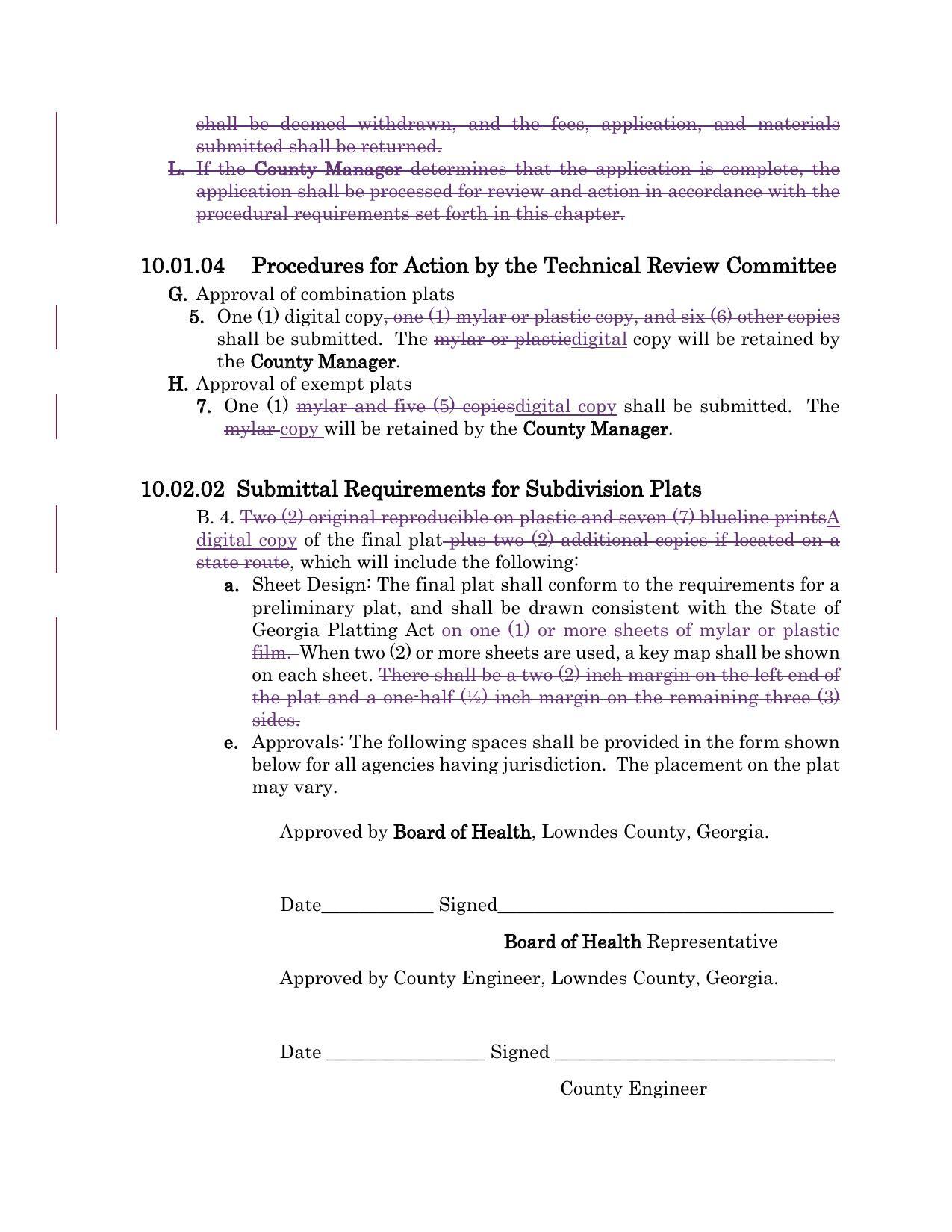 10.01.04 Procedures for Action by the Technical Review Committee; 10.02.02 Submittal Requirements for Subdivision Plats