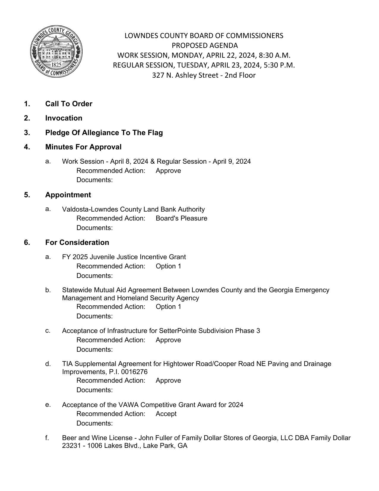 PROPOSED AGENDA