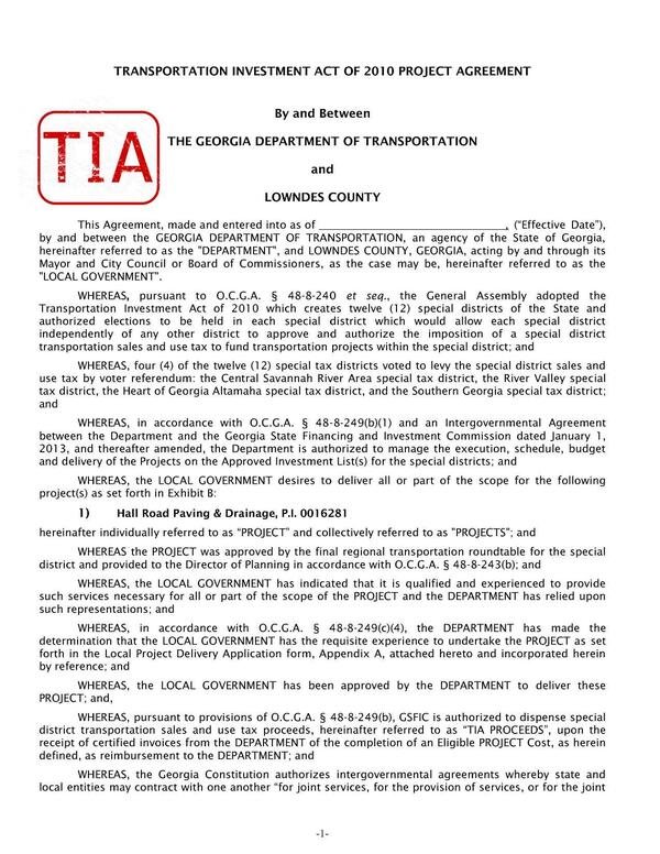 TRANSPORTATION INVESTMENT ACT OF 2010 PROJECT AGREEMENT