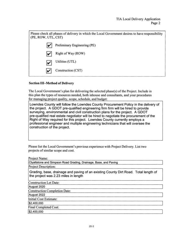 Section III—Method of Delivery; Clyattstone and Simpson Road