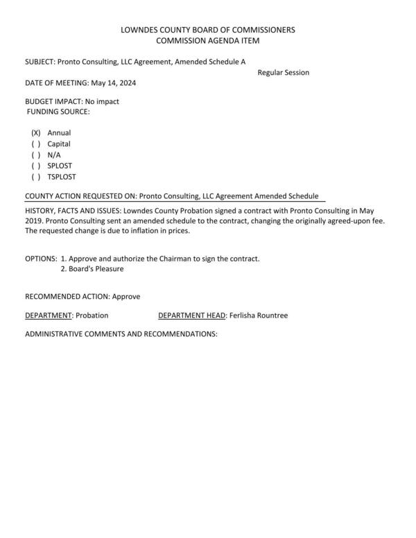 [Pronto Consulting sent an amended schedule to the contract, changing the originally agreed-upon fee. The requested change is due to inflation in prices.]