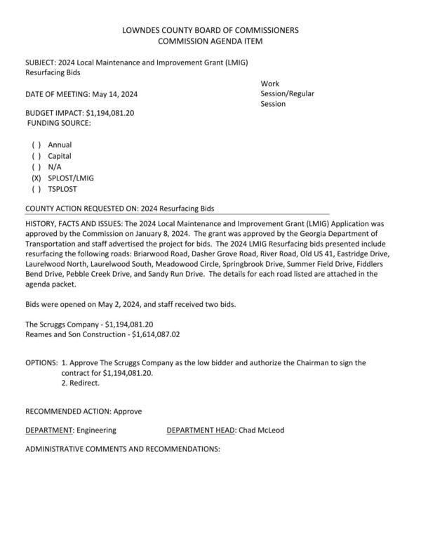 [BUDGET IMPACT: $1,194,081.20; two bids (Scruggs low, Reames high) for resurfacing Briarwood Road, Dasher Grove Road, River Road, Old US 41, Eastridge Drive, Laurelwood North, Laurelwood South, Meadowood Circle, Springbrook Drive, Summer Field Drive, Fiddlers Bend Drive, Pebble Creek Drive, and Sandy Run Drive.]