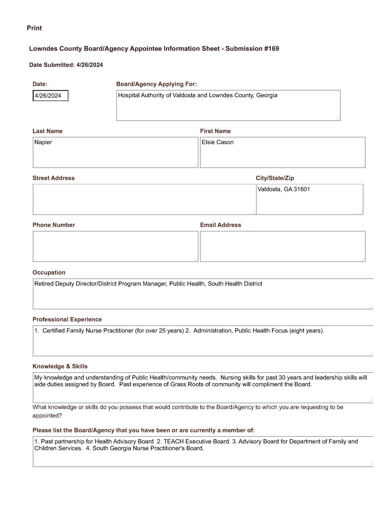 Elsie Cason Napier application