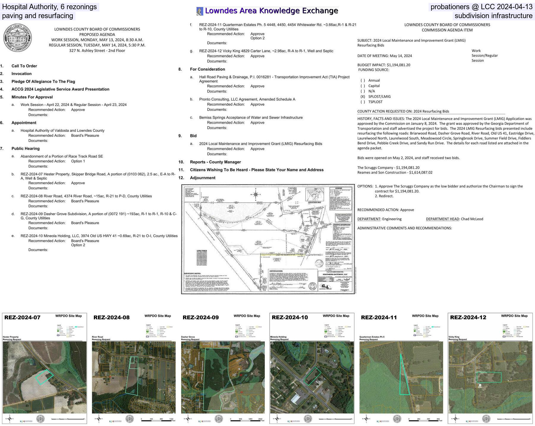 [Hospital Authority, 6 rezonings, probationers, paving and resurfacing, subdivision infrastructure, road abandonment @ LCC 2024-04-13]