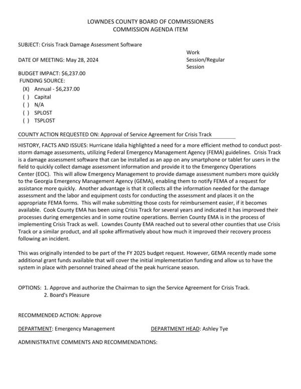 [BUDGET IMPACT: $6,237.00 a more efficient method to conduct post-storm damage assessments, utilizing Federal Emergency Management Agency (FEMA) guidelines.]