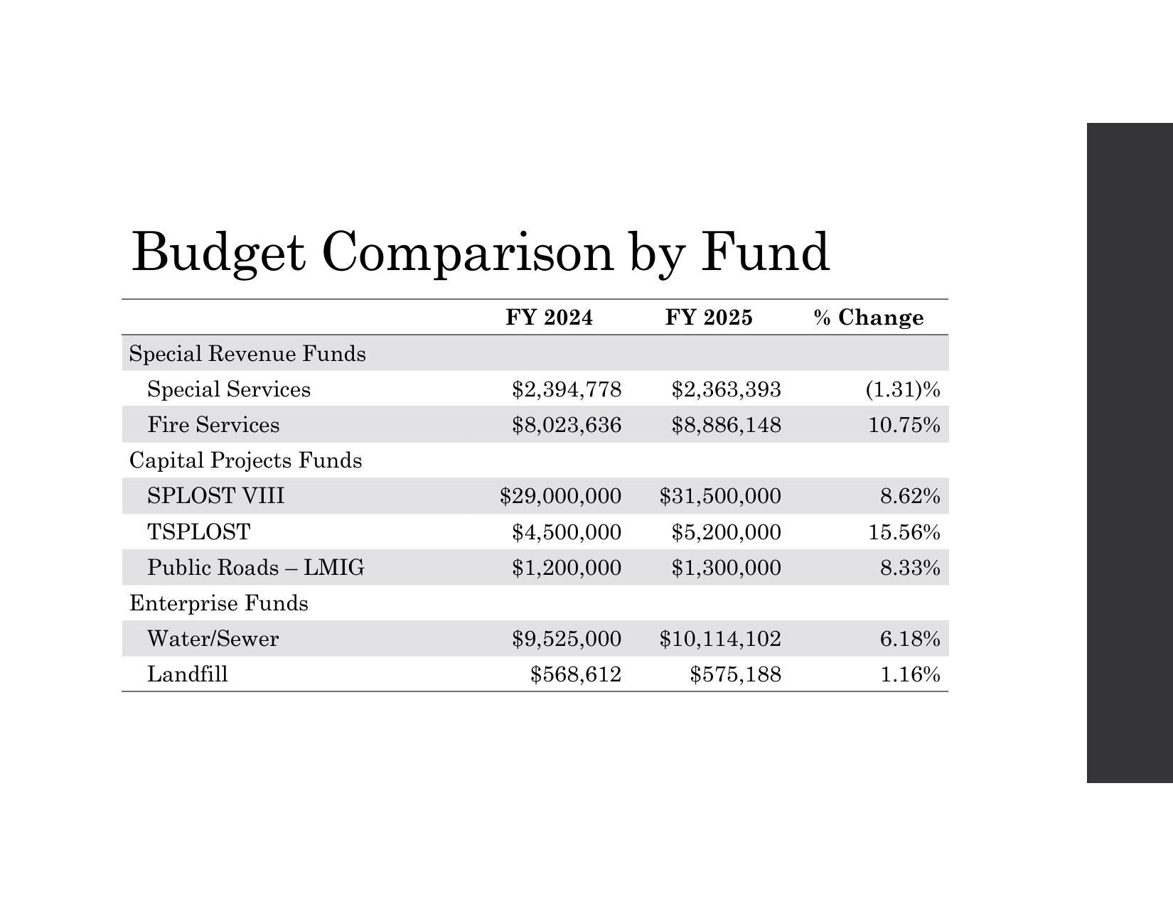 Fire Services, Capital Projects Funds (SPLOST VIII, TSPLOST, LMIG), and Enterprise Funds (Water/Sewer & Landfill)