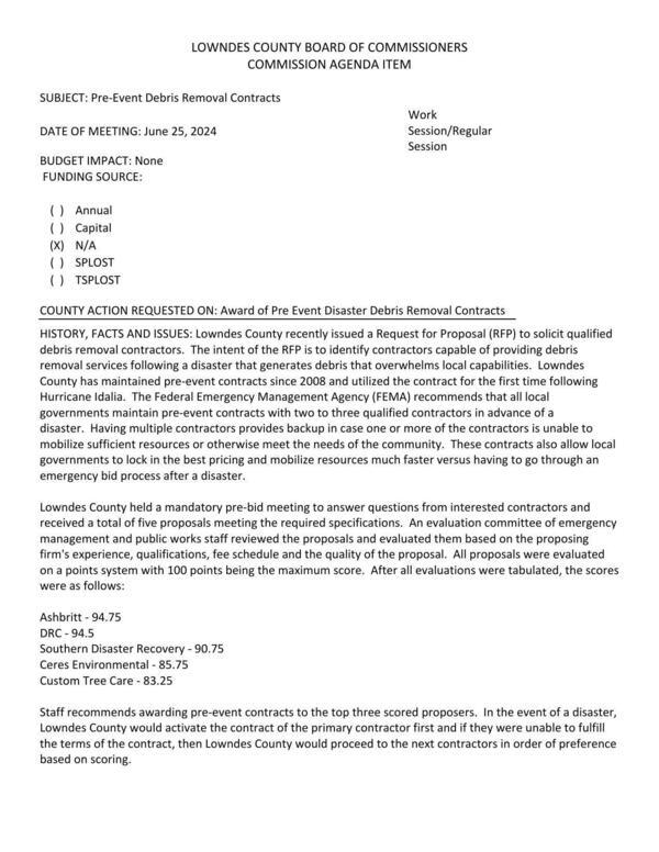 [Five bids in response to RFP. (FEMA) recommends that all local governments maintain pre-event contracts with two to three qualified contractors in advance of a disaster. Having multiple contractors provides backup in case one or more of the contractors is unable to mobilize sufficient resources or otherwise meet the needs of the community.]