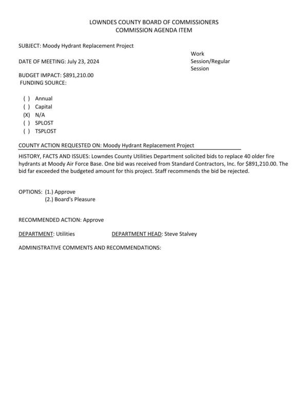 [BUDGET IMPACT: $891,210.00 The bid far exceeded the budgeted amount for this project. Staff recommends the bid be rejected.]