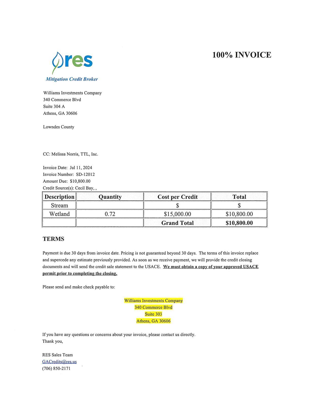 Invoice from Williams Investments Company