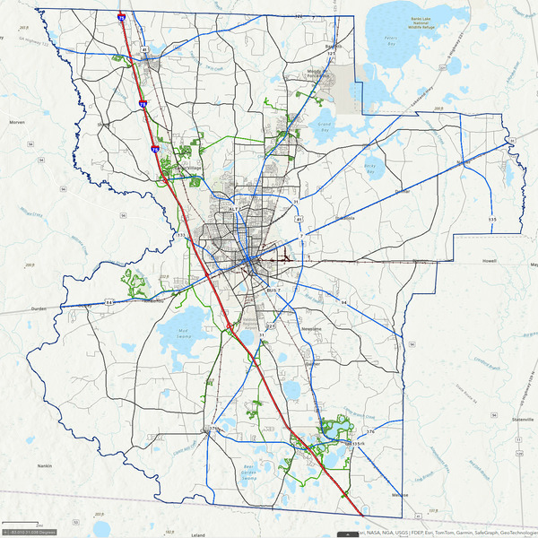 Map: Lowndes County sewer system (green lines) --VALORGIS