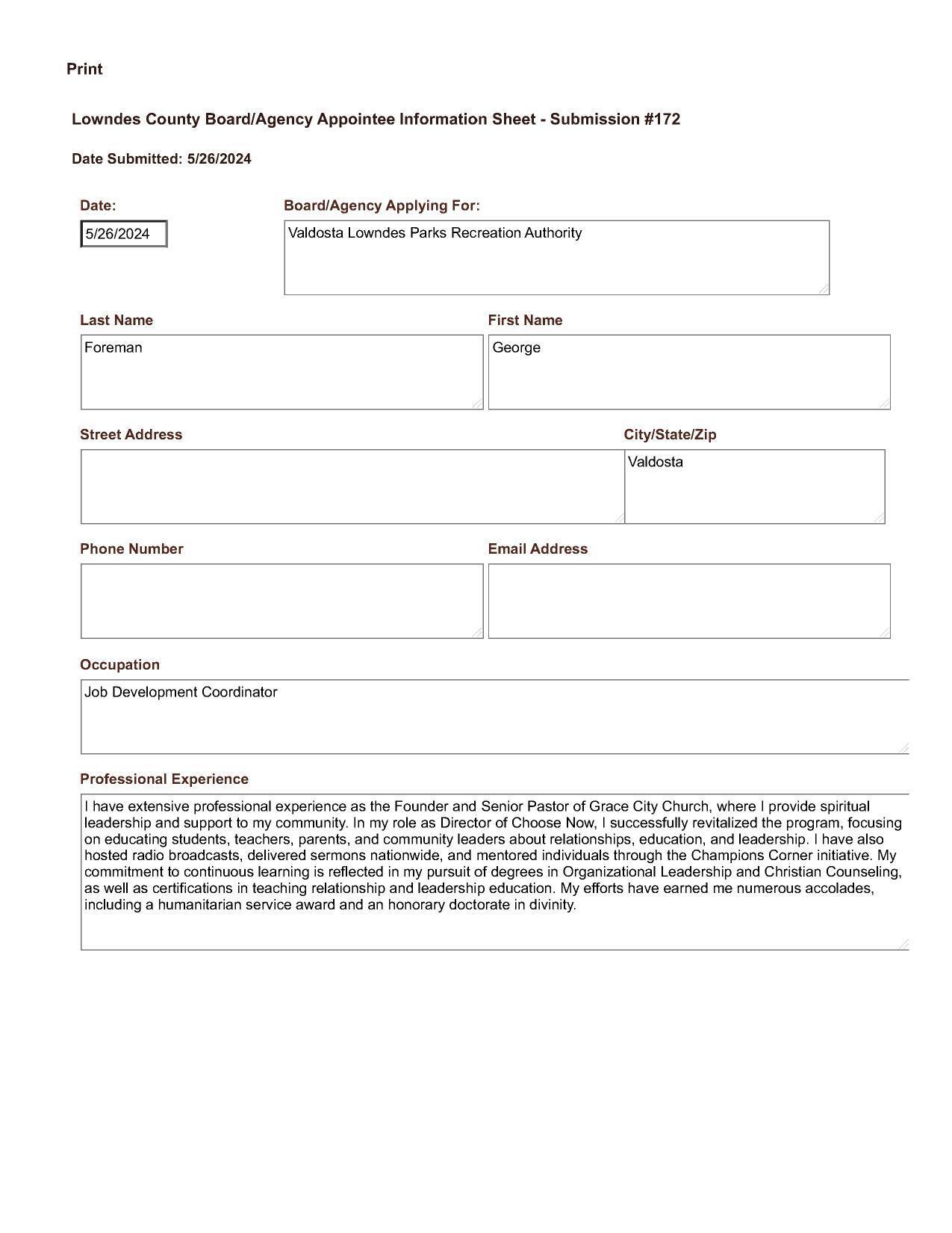 George Foreman application for VLPRA Board