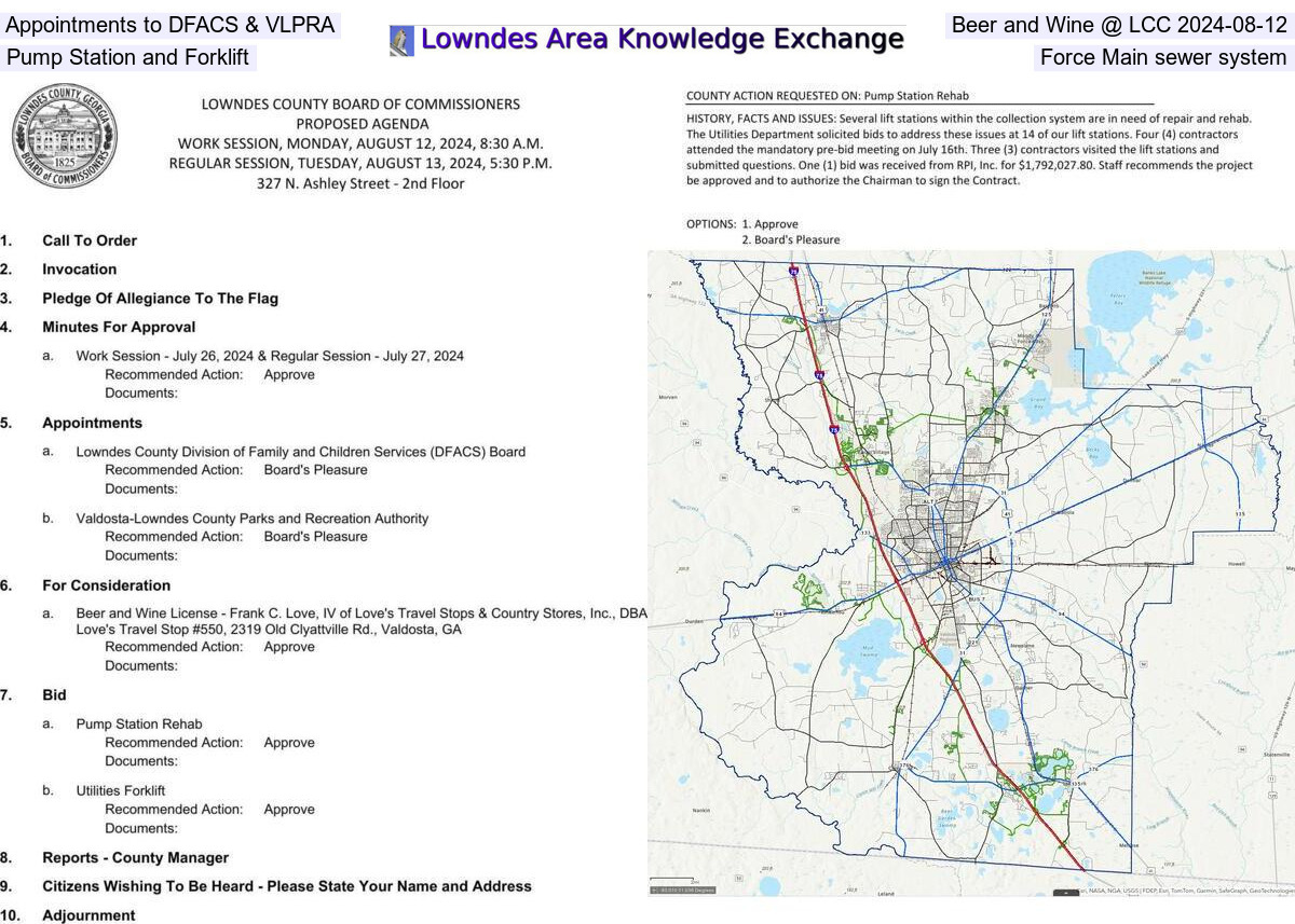 [Appointments to DFACS & VLPRA, Beer and Wine, Pump Station and Forklift, Force Main sewer system @ LCC 2024-08-12]