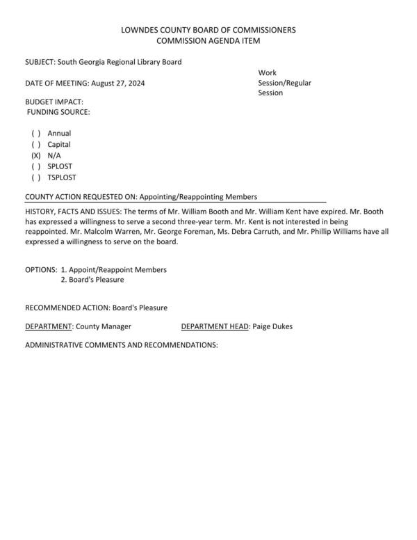 [Terms of William Booth and William Kent have expired. Kent does not want reappointment. Others applying: Malcolm Warren, George Foreman, Debra Carruth, Phillip Williams]