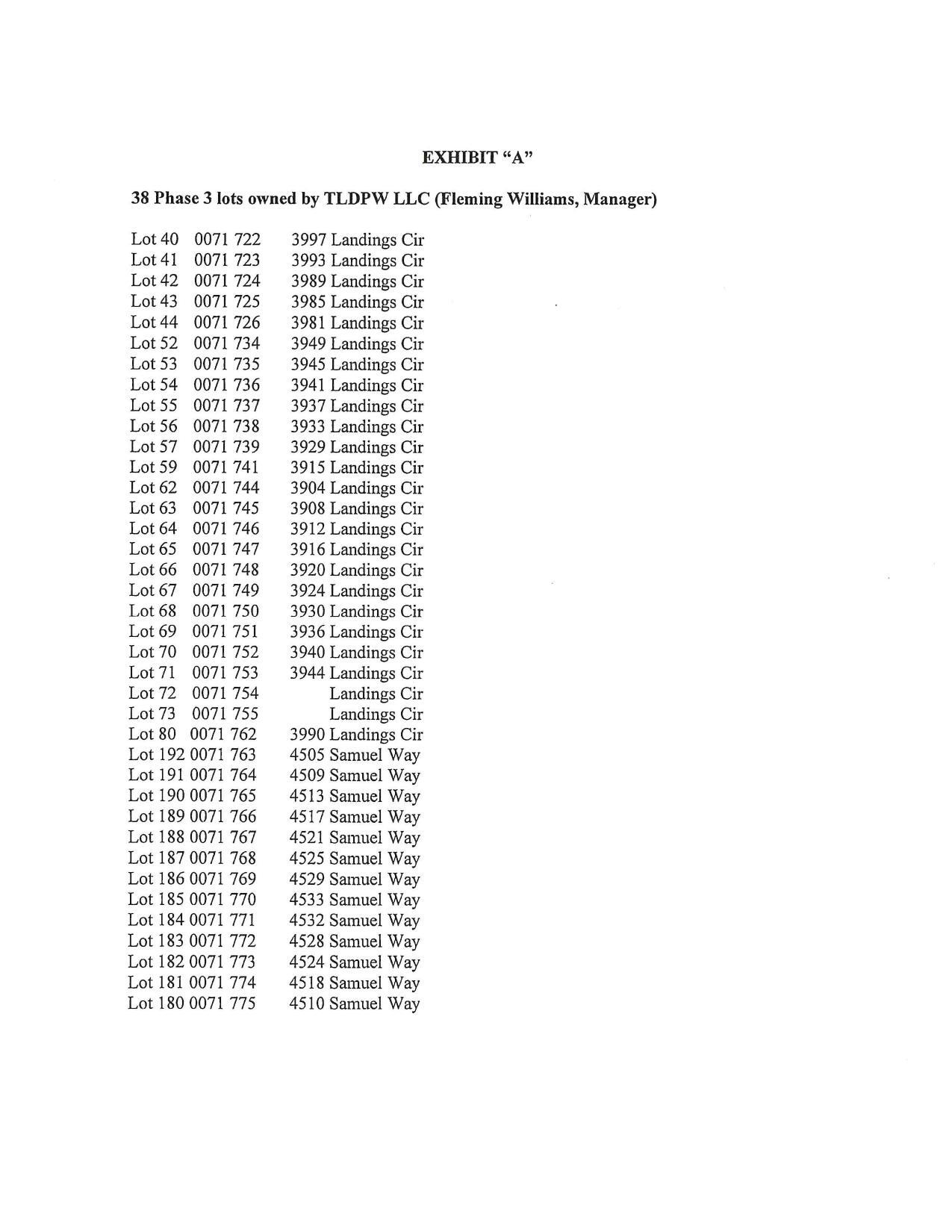 Exhibit A: 38 Phase 3 lots owned by TLDPW LLC (Fleming Williams, Manager)