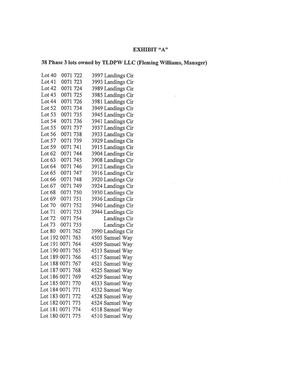 [Exhibit A: 38 Phase 3 lots owned by TLDPW LLC (Fleming Williams, Manager)]