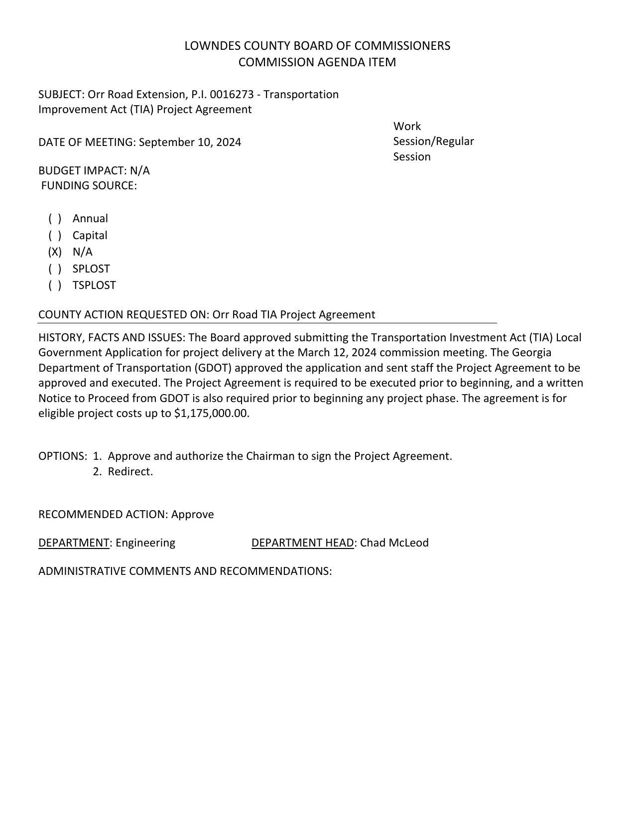 GDOT approved the application and sent staff the Project Agreement to be approved and executed. eligible project costs up to $1,175,000.00.