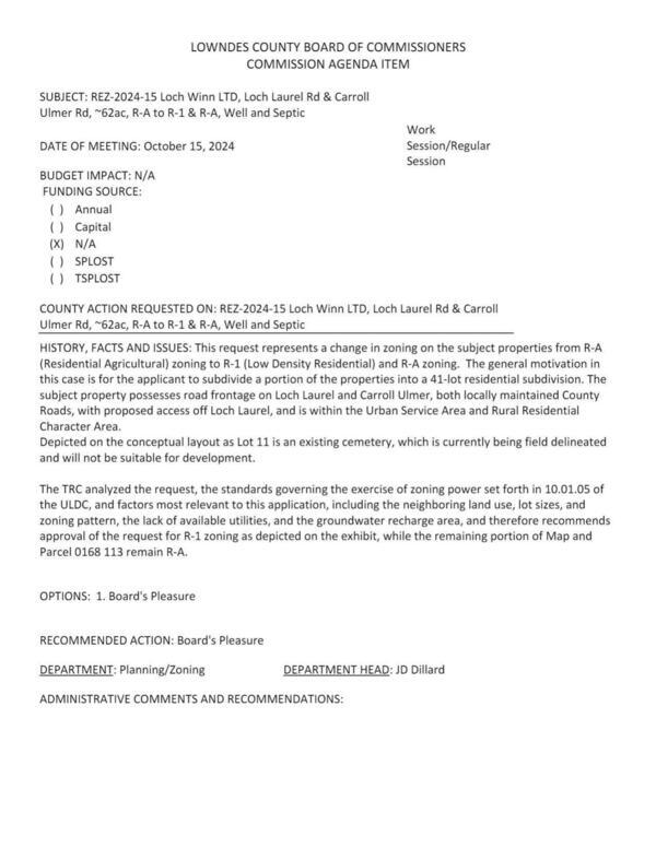 [to subdivide a portion of the properties into a 41-lot residential subdivision. road frontage on Loch Laurel and Carroll Ulmer]