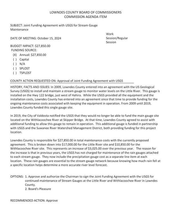 [$17,000.00 for Little River @ GA 122 and $10,850.00 for Withlacoochee River @ Skipper Bridge. This represents an increase of $3,025.00 over the previous year. precipitation gauge separate line item now]