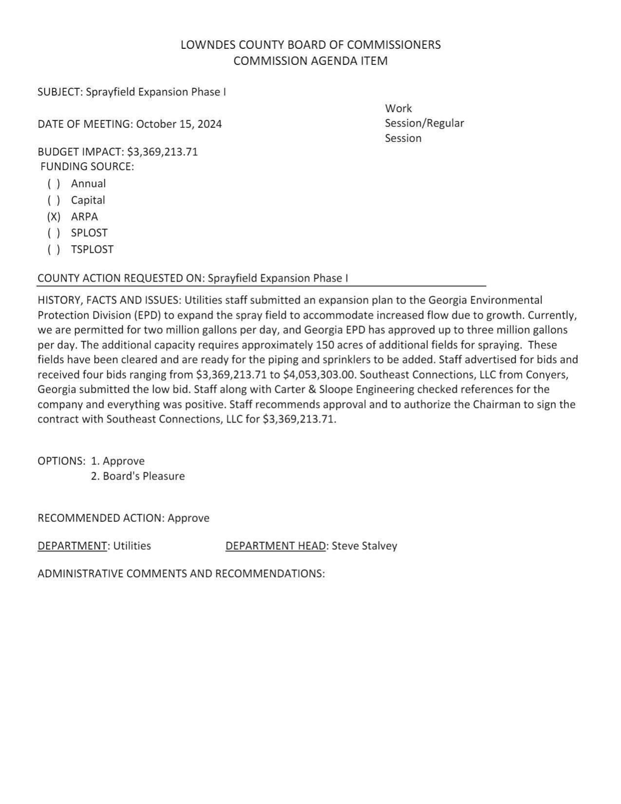 Currently, we are permitted for two million gallons per day, and Georgia EPD has approved up to three million gallons per day. The additional capacity requires approximately 150 acres of additional fields for spraying.