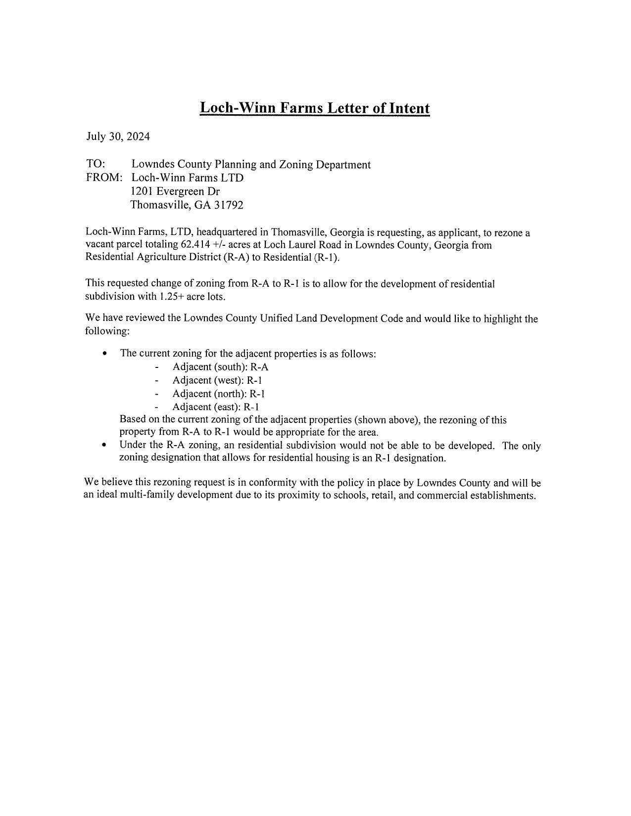 Loch-Winn Farms Letter of Intent