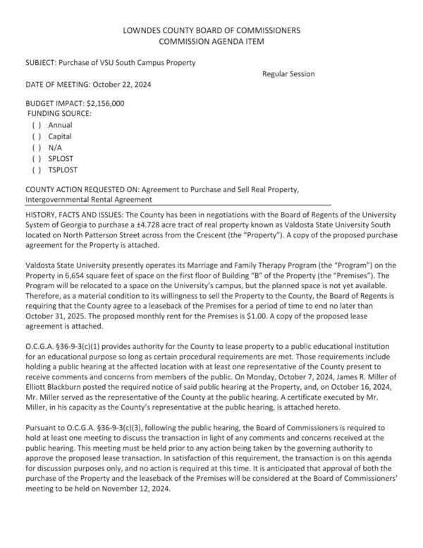 [a +4.728 acre tract of real property known as Valdosta State University South located on North Patterson Street across from the Crescent (the “Property”).]